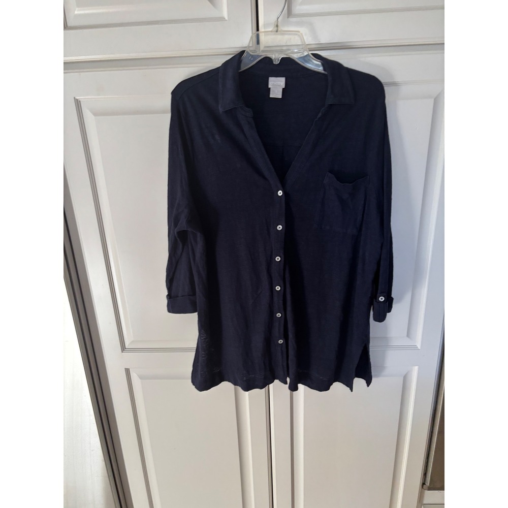 Chicos Navy Blue 100% Linen Button Down Tunic Shirt 3/4 Sleeve Size XL